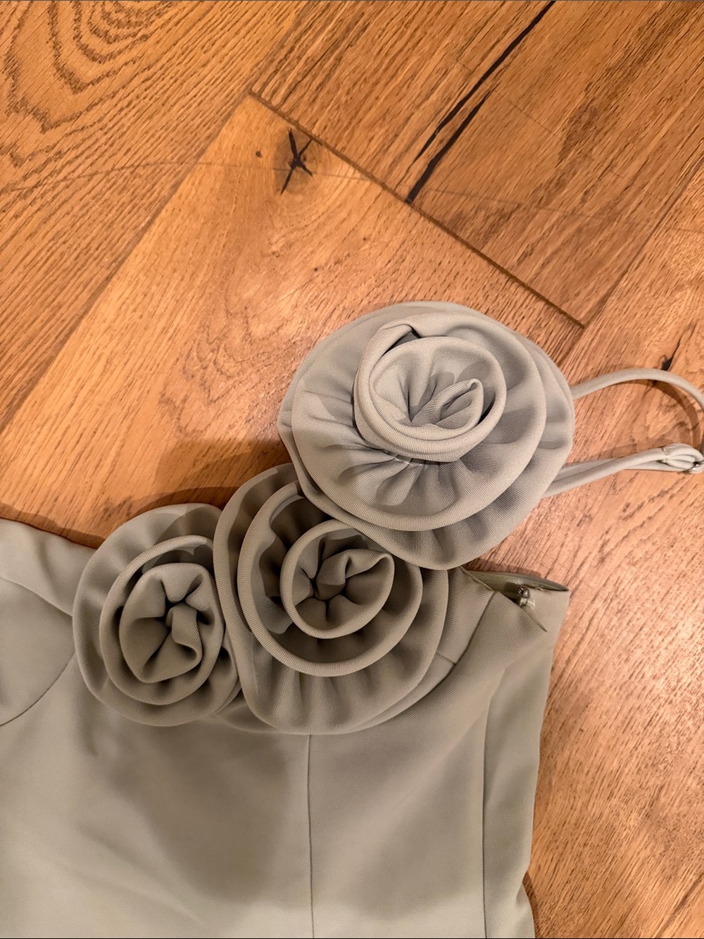 Strapless Sage Green Mini Dress with Rosette Detail - Picture 3 of 5